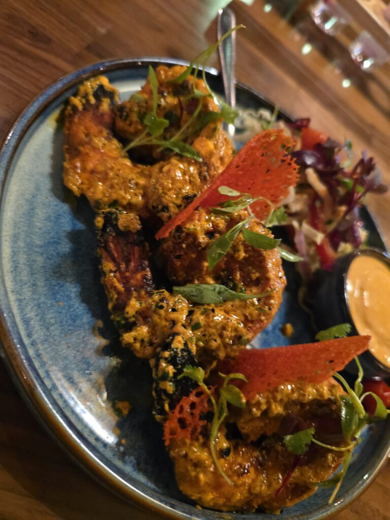 Grilled spiced prawns with dipping sauce